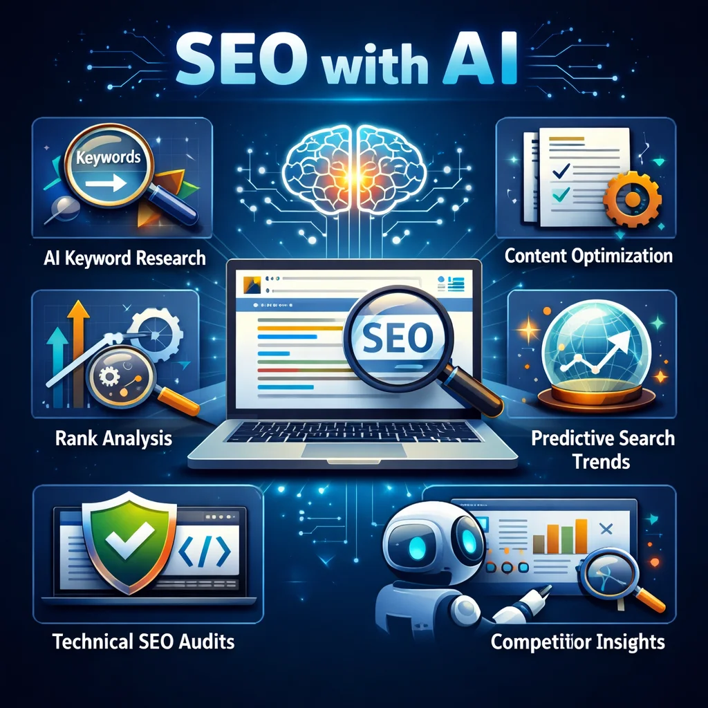 Search Engine Optimization (SEO) with AI genrete image ksidm digital marketing with Ai